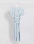 Bershka Crinkle Tie-waist Midi Dress In Light Blue-blues