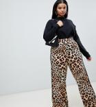 Asos Design Curve Wide Leg Pants With Contrast Binding In Leopard Print - Multi