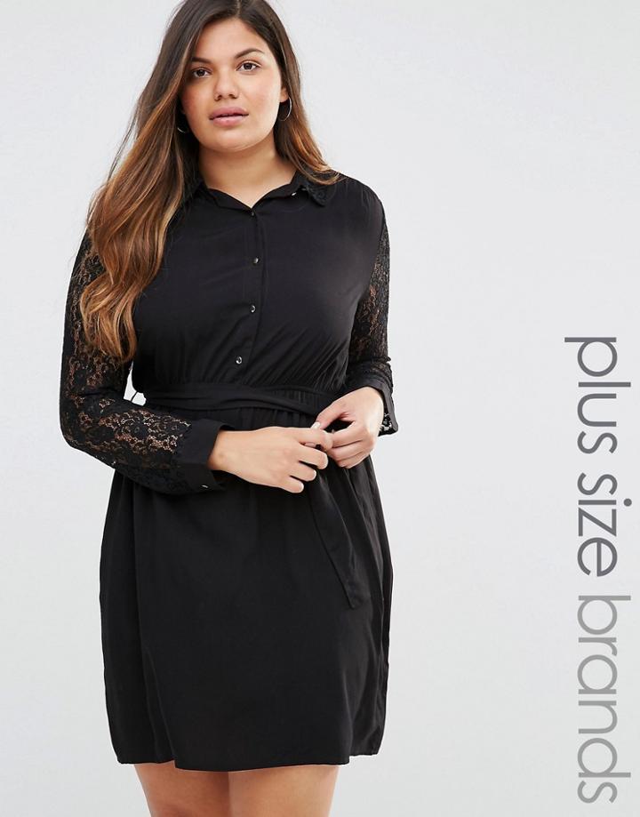 Club L Plus Shirt Dress With Lace Sleeves - Black