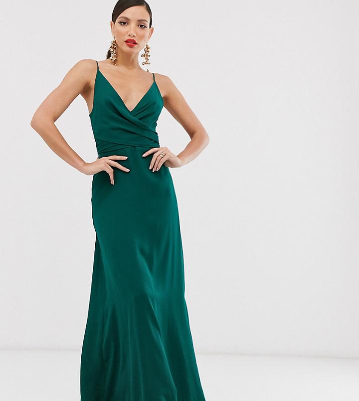 Asos Design Tall Cami Wrap Maxi Dress With Tie Waist-green