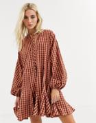 Asos Design Trapeze Mini Dress With Godets In Seersucker Check