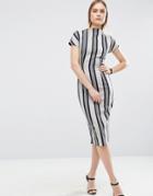 Asos Wiggle Dress With High Neck & Split Front In Stripe - Multi