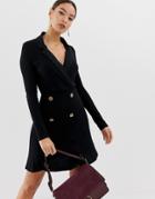 Asos Design Mini Rib Double Breasted Blazer Dress With Faux Horn Buttons - Black