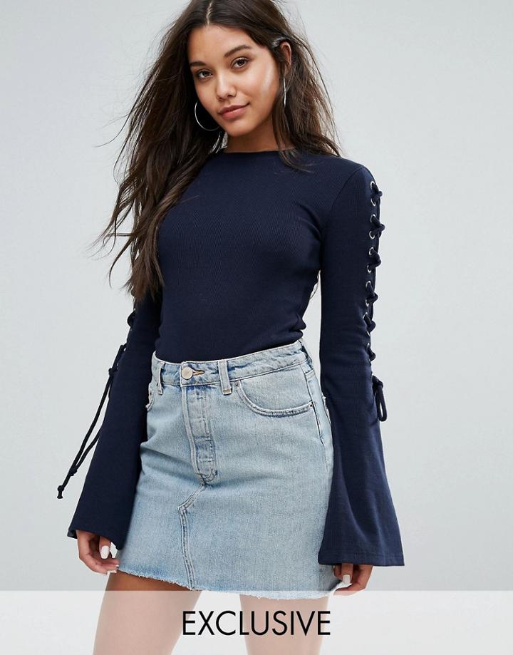 Missguided Lace Up Sleeve Top - Navy