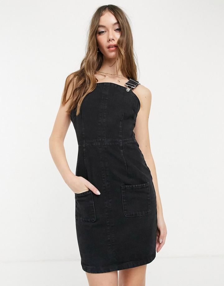 Asos Design Denim Overall Pinafore Dress In Washed Black