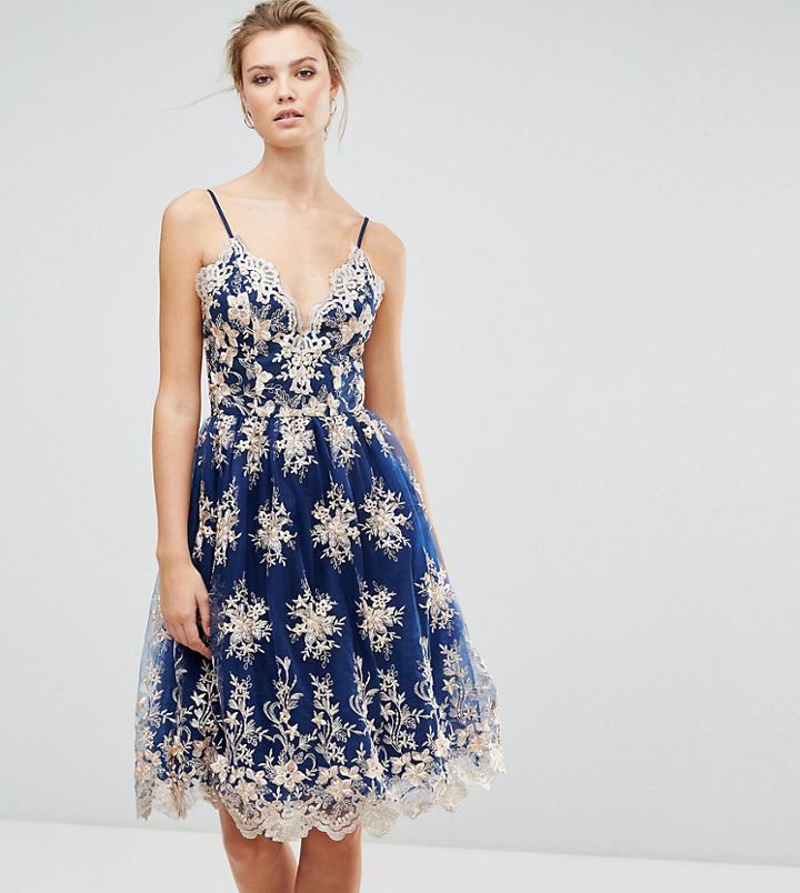 Chi Chi London Tall Premium Scalloped Metallic Lace Midi Dress - Navy