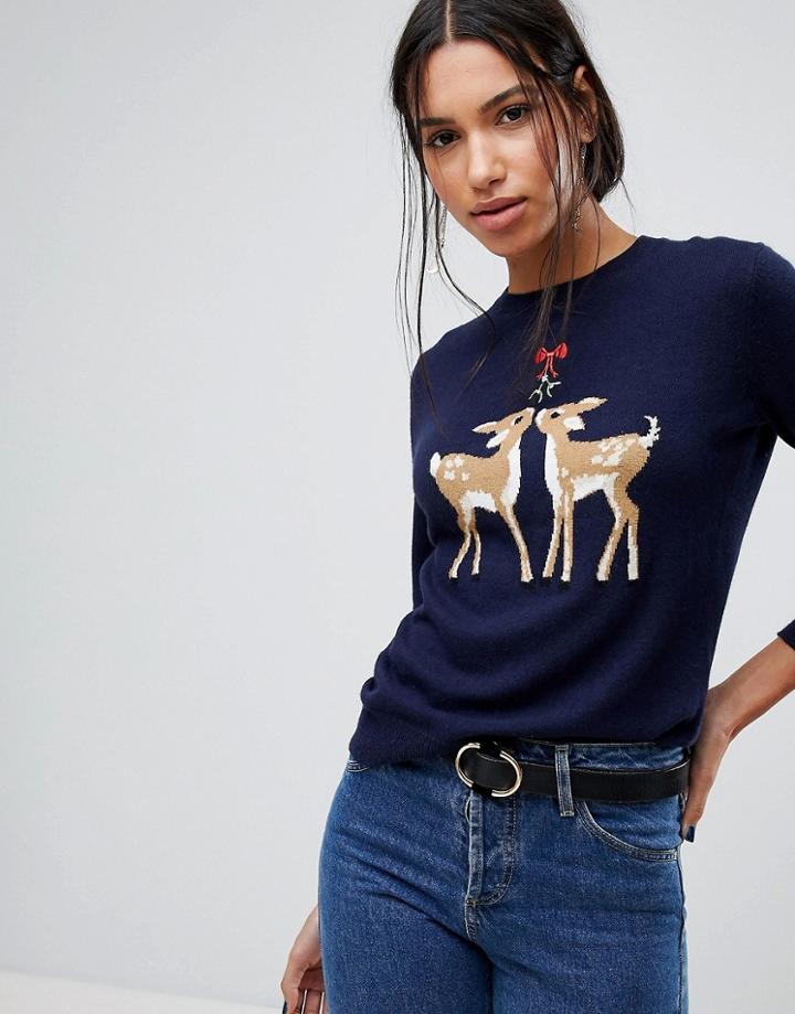 Warehouse Holidays Reindeer Sweater - Navy