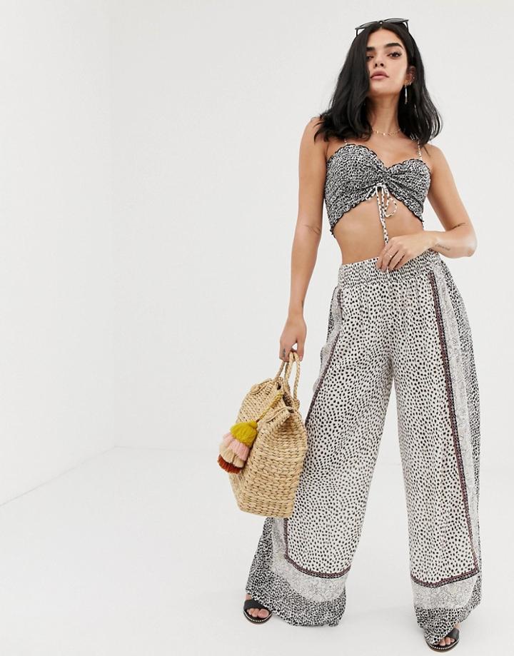 River Island Wide Leg Beach Pants In Leopard Print-brown