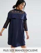 Unique 21 Hero Lace 3/4 Sleeve Shift Dress With Ruffle Detail - Navy