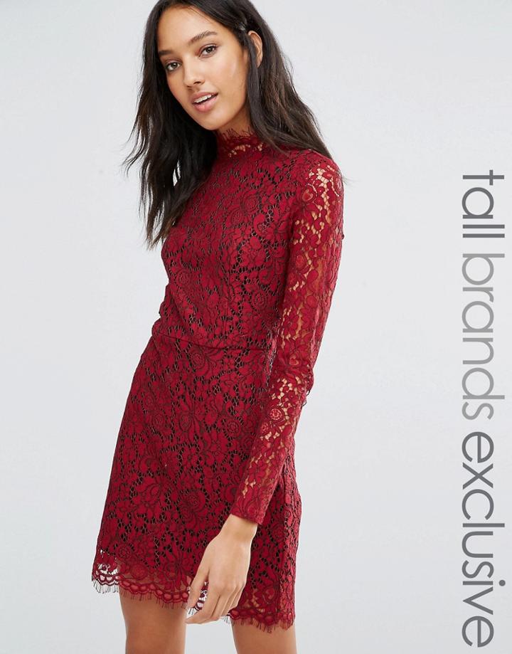 Fashion Union Tall Allover Lace Pencil Dress - Red