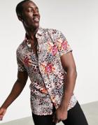Devils Adovcate Oversize Leopard Print Floral Short Sleeve Shirt-multi