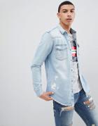 Pull & Bear Rip And Repair Regular Fit Denim Shirt In Light Blue - Blue