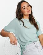 Asos Design Oversized Woven Tee With Roll Sleeve In Sage-green