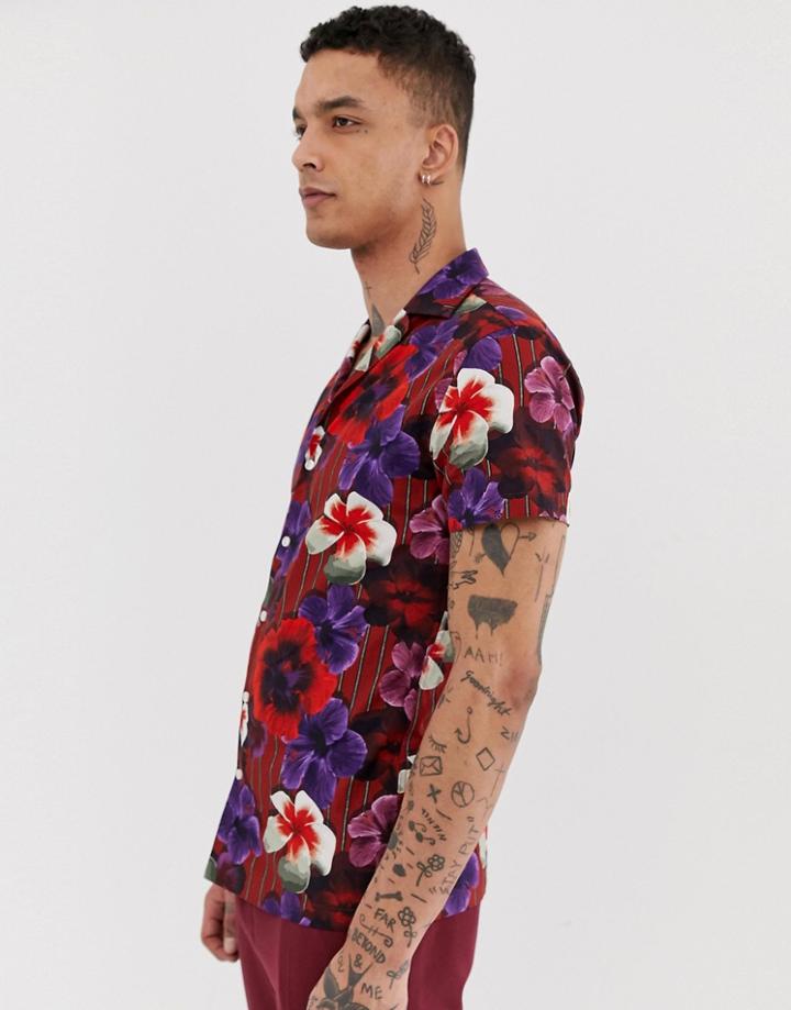 Twisted Tailor Revere Collar Shirt With Hawaain Stripe Print - Red