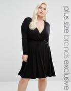 Club L Plus Long Sleeve Wrap Front Skater Dress - Black