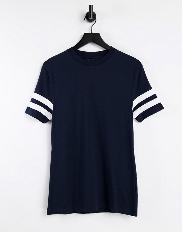 Asos Design Skinny T-shirt In Navy With Contrast Sleeve Stripes
