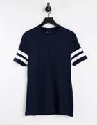 Asos Design Skinny T-shirt In Navy With Contrast Sleeve Stripes