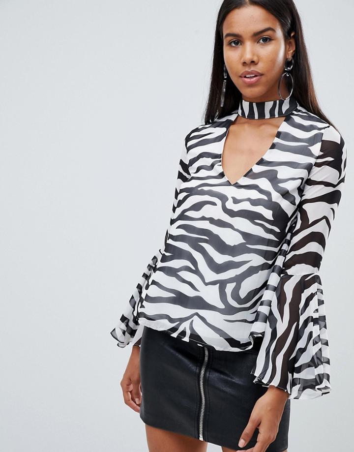 Rare London Zebra Choker Detail Blouse-black