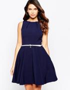 Closet Skater Dress With Belt - Navy White Belt