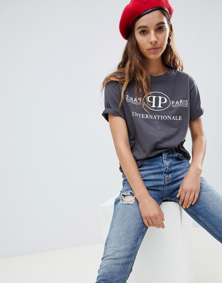 Asos Design Relaxed T-shirt With Paris International Slogan - Gray