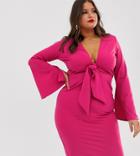 Asos Design Curve Long Sleeve Plunge Tie Belt Midi Dress-green