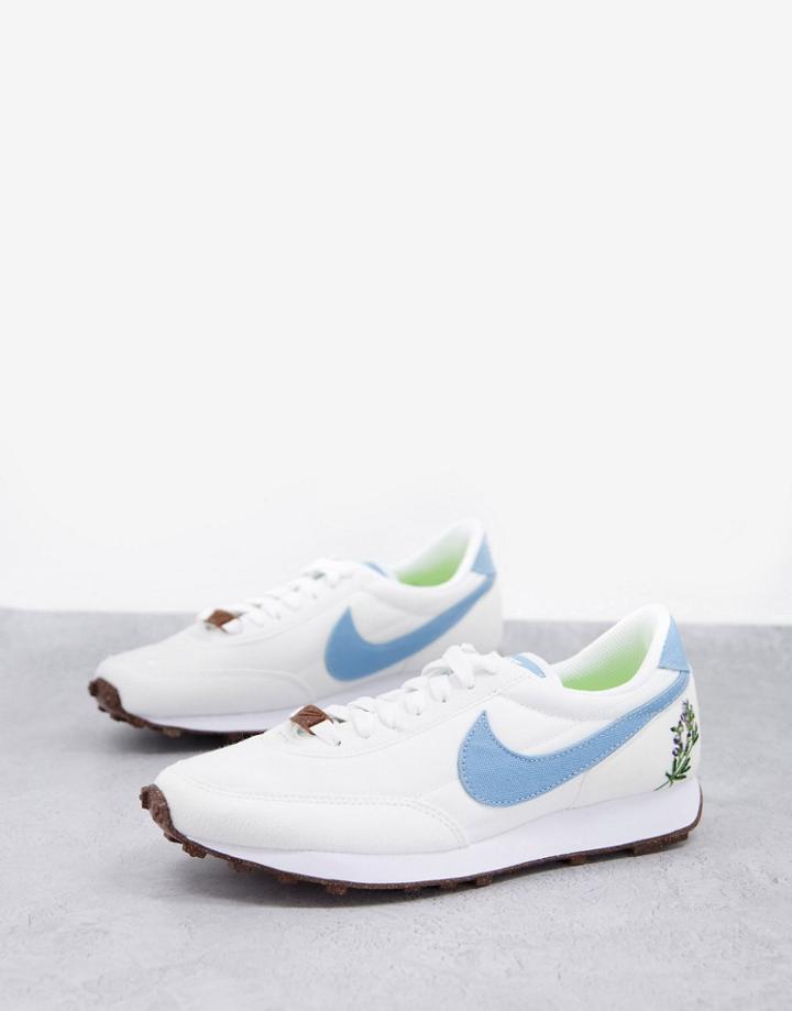 Nike Daybreak Move To Zero Sneakers In White And Blue With Floral Embroidery-blues