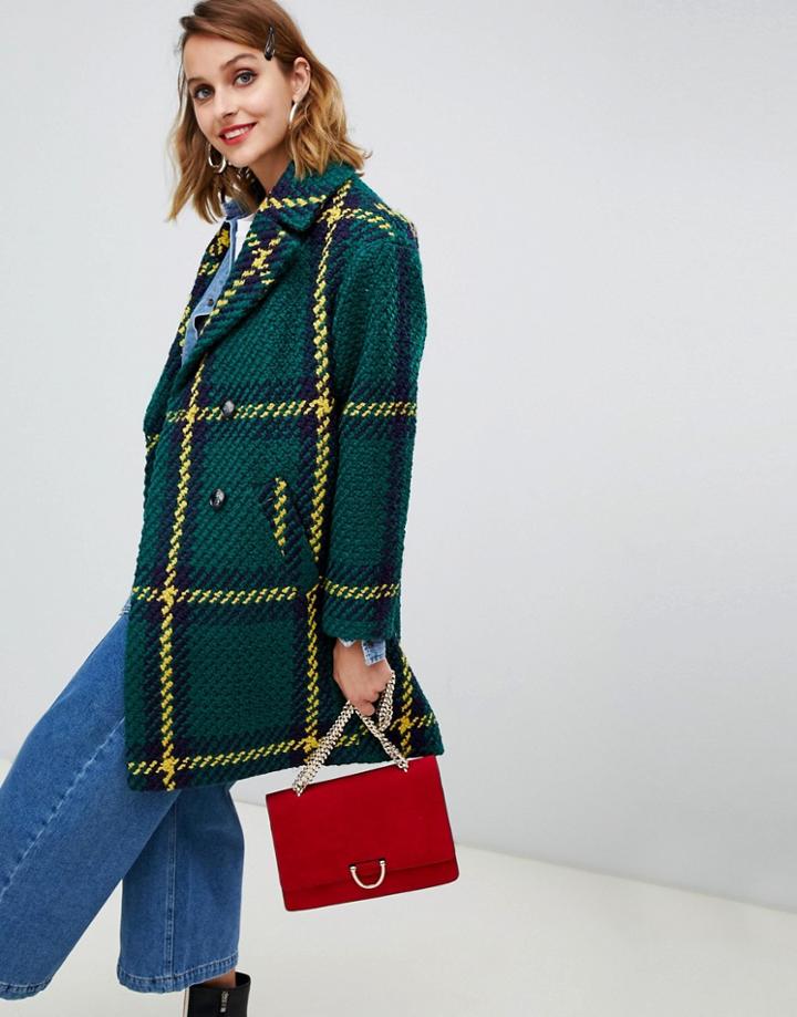 Asos Design Double Breasted Check Coat - Multi