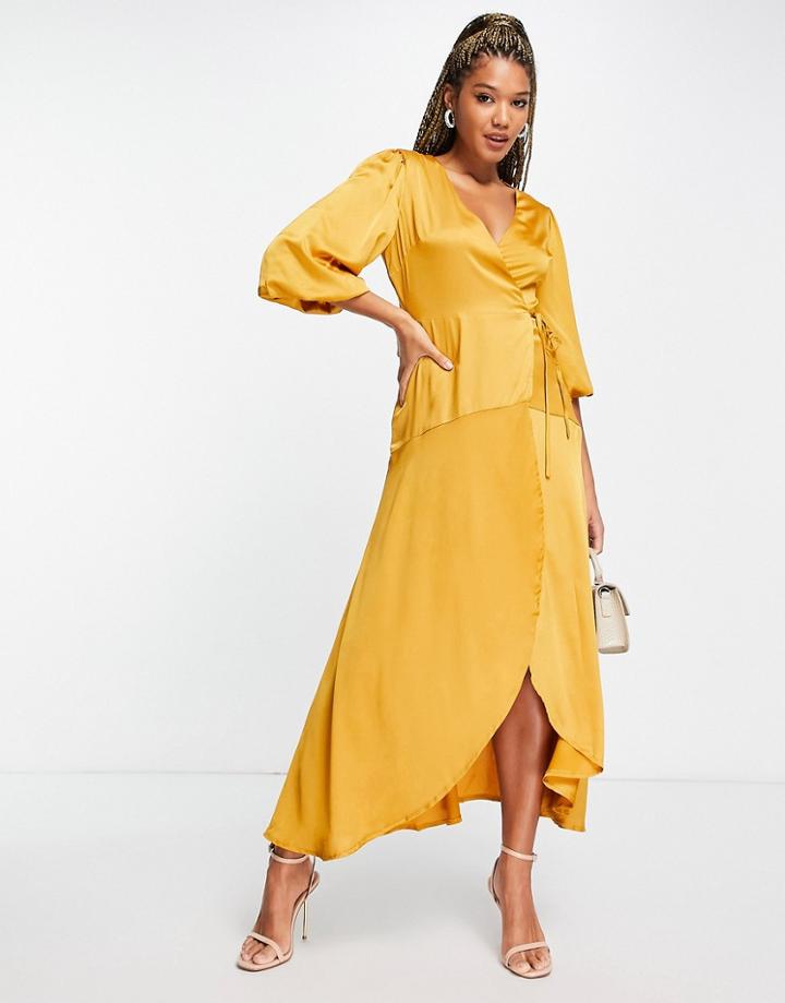 Liquorish Midi Wrap Dress With Balloon Sleeves In Mustard-yellow