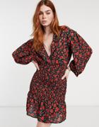 Asos Design Plunge Shirred Mini Dress With Shoulder Tucks In Poppy Floral Print-multi