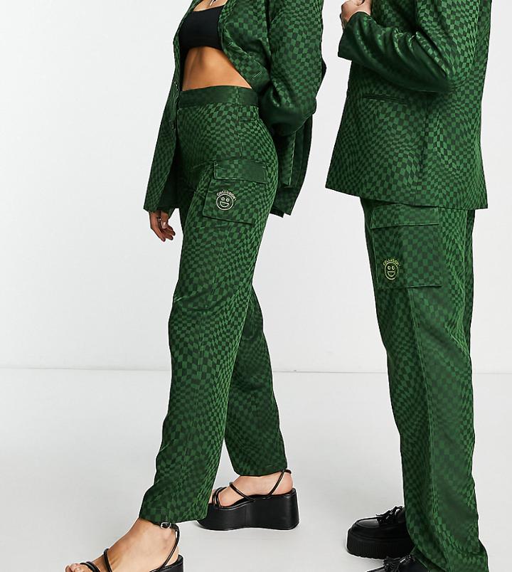 Collusion Unisex Cargo Utility Pants In Warped Checkerboard Print-green
