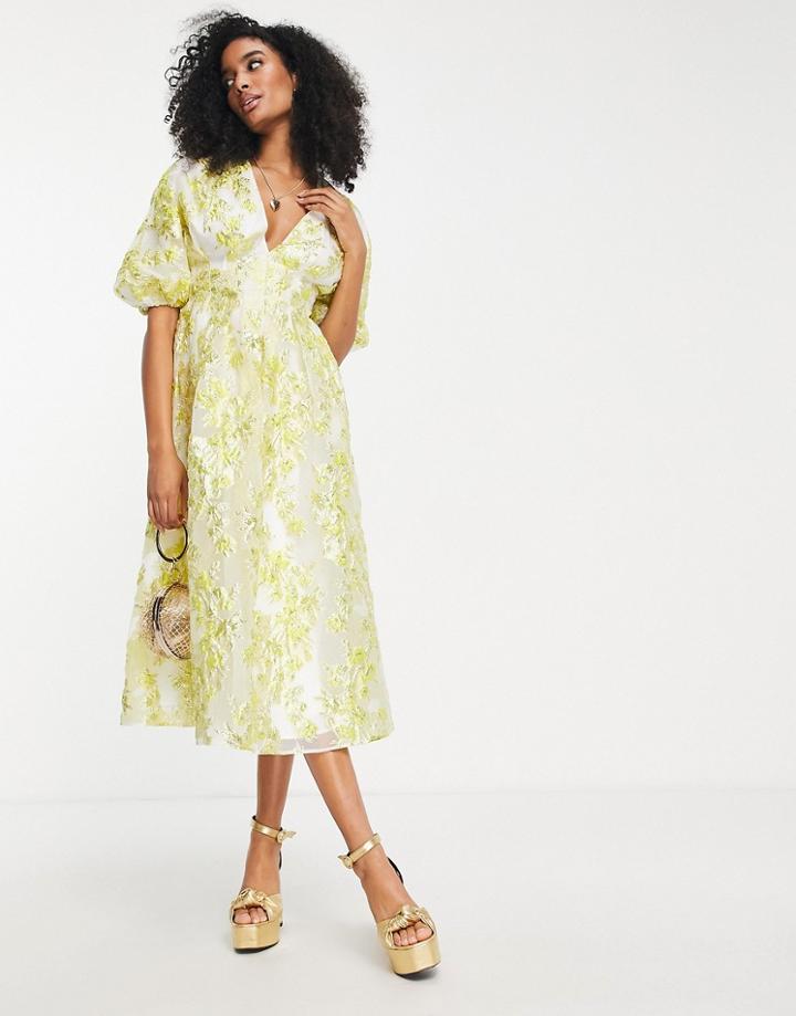 Asos Edition Pleat Waist Jacquard Midi Dress In Yellow