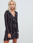 Parisian Stripe Print Wrap Dress With Frill-multi