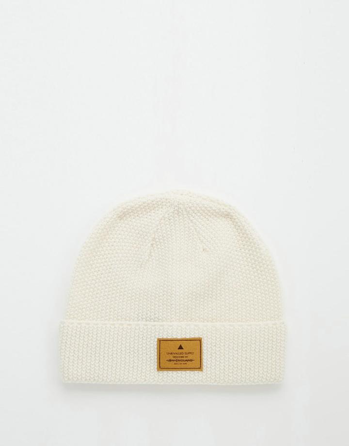 Asos Stitch Detail Beanie With Patch In Ecru - Ecru