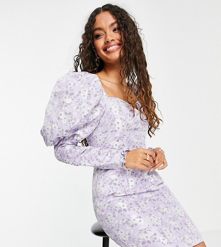 Collective The Label Petite Statement Shoulder Sweetheart Mini Dress In Pewter Floral-purple