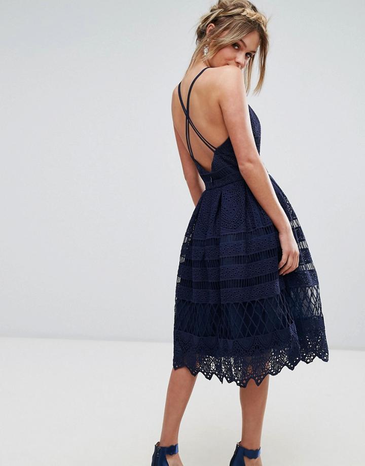 Chi Chi London Cami Strap Midi Dress In Cutwork Lace - Navy