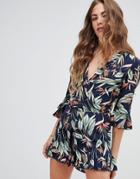 Love & Other Things Tropical Print Flare Long Sleeve Romper-black