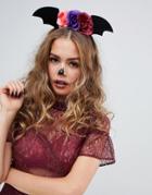 Asos Design Halloween Headband With Floral And Batwing Detail In Black - Black