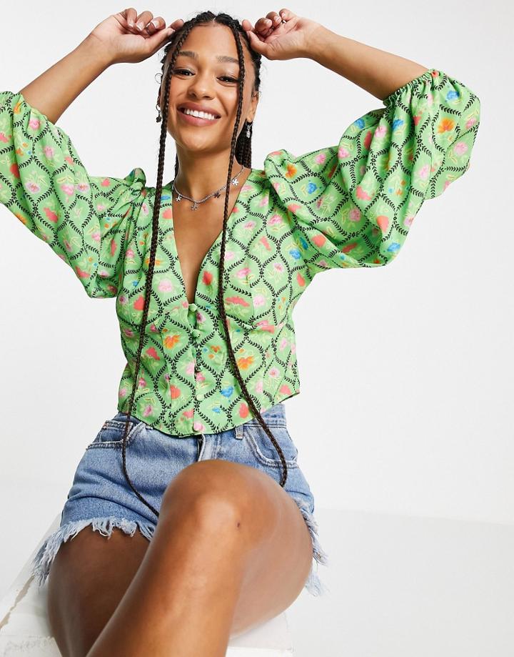 Asos Design Button Front Tea Blouse In Bright Green Floral-multi
