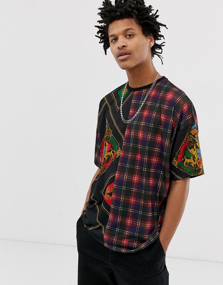 Asos Design Oversized T-shirt With Check And Cherub Print - Black