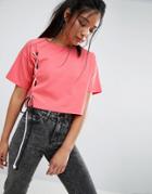 Asos Crop T-shirt With Contrast Lace Up Details - Pink