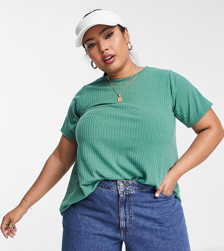 Yours Short Sleeve Ribbed T-shirt In Green