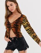 Sacred Hawk Knitted Button Front Top In Tiger Print-brown