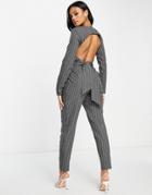 Asos Design Tailored Split Sleeve Peg Leg Jumpsuit In Gray Pinstripe-multi