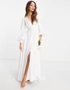 Asos Edition Alyssa Satin Wedding Dress With Blouson Sleeve And Button Front-white
