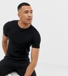 Asos Design Tall Muscle Fit Grandad Neck T-shirt In Waffle In Black
