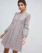 Little Mistress Keyhole Button Fastening Mini Lace Dress-gray