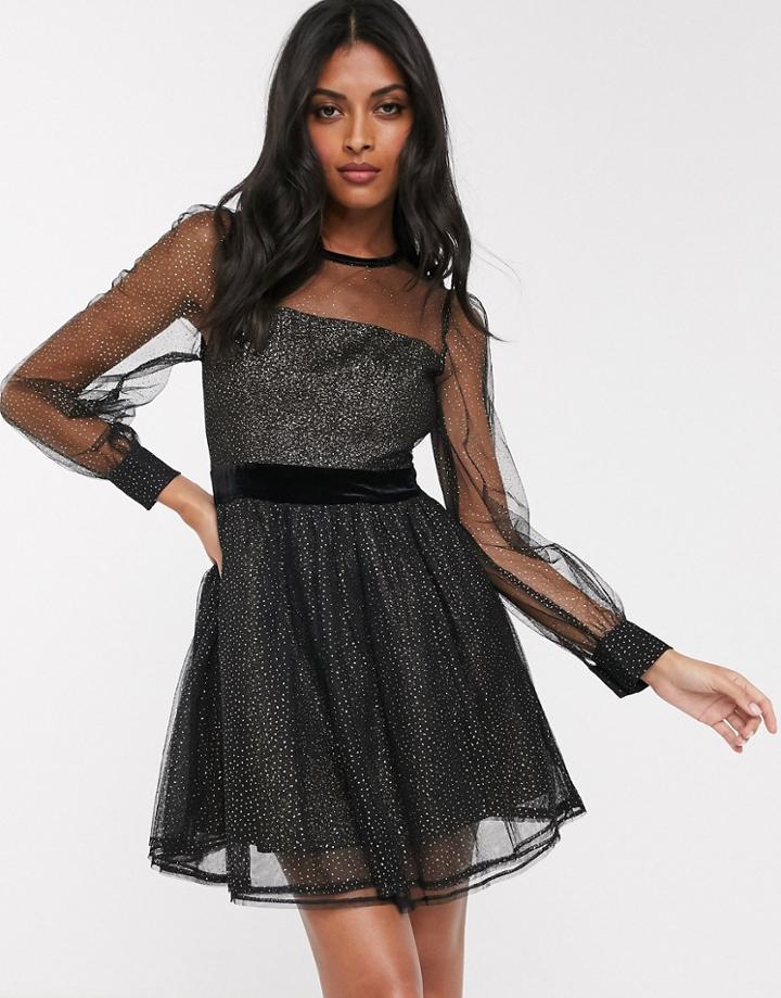 Fashion Union Sheer Mesh Mini Dress With Full Sleeve In Gold Fleck