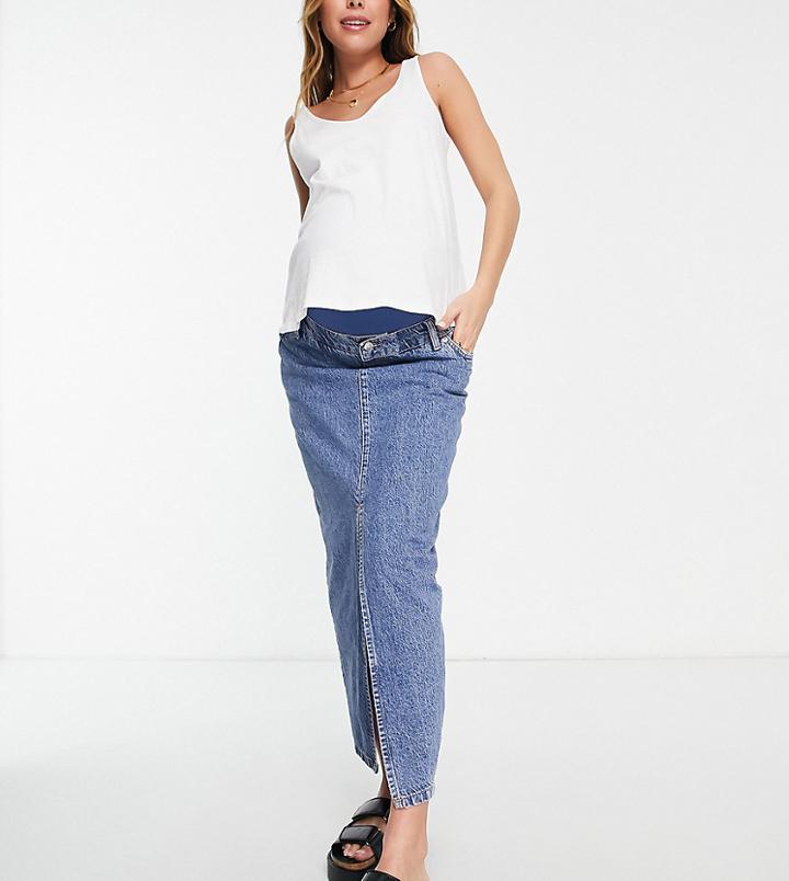 Asos Design Maternity Denim 90's Maxi Skirt With Over The Bump Band In Midwash-blue