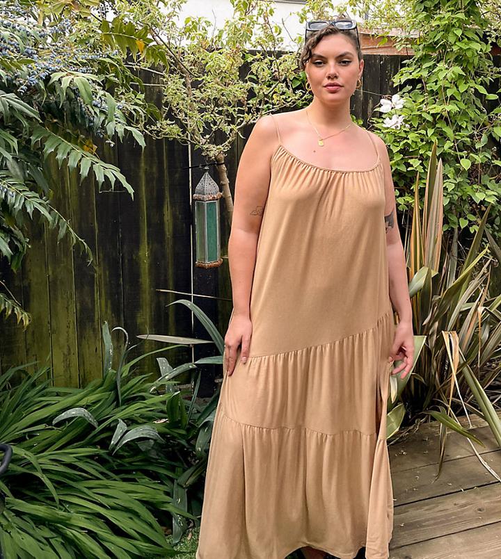 Asos Design Curve Strappy Maxi Dress With Asym Hem Detail In Tan-brown