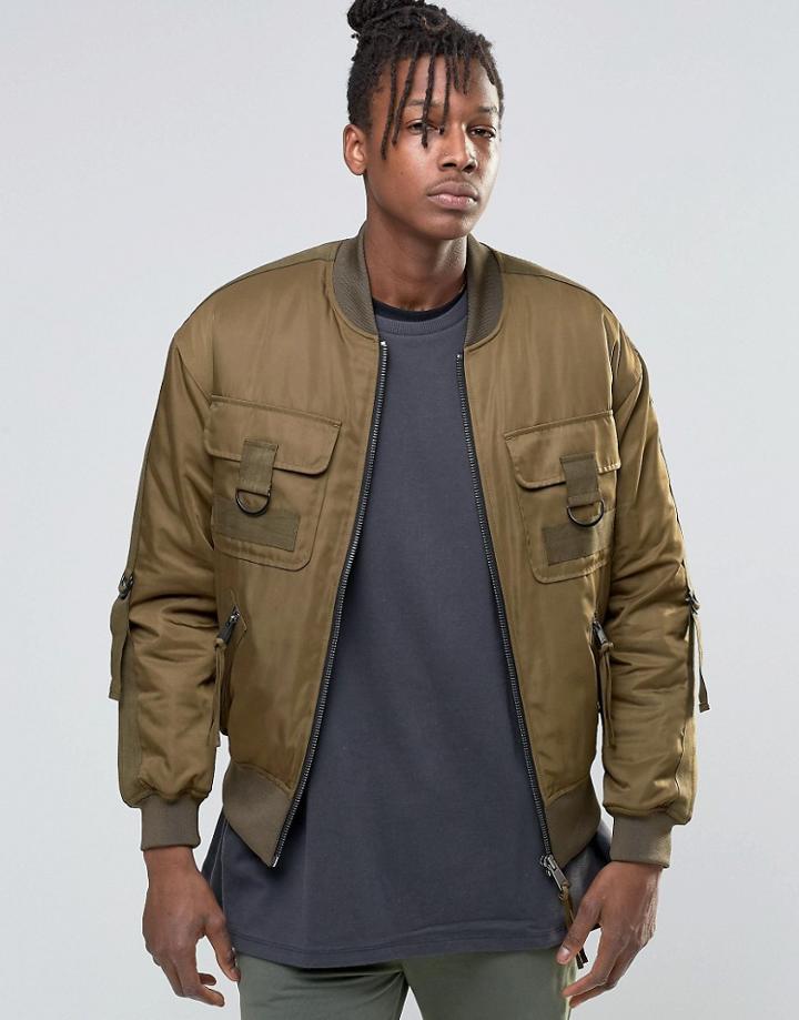 Asos Bomber Jacket With Multi Pockets And Straps In Khaki - Green